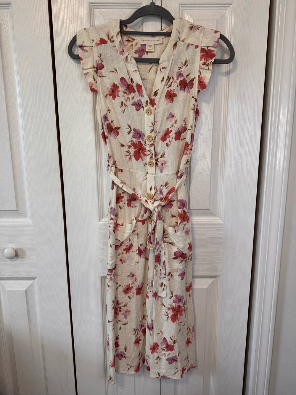 Monteau Cream Maxi Belted Dress with Pink Salmon Lavender Floral Print Size XS - Picture 2 of 13